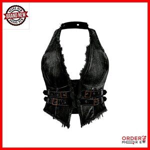 Plus Size Denim Halter Top Frayed Edge Buckle Backless Punk Y2K Crop